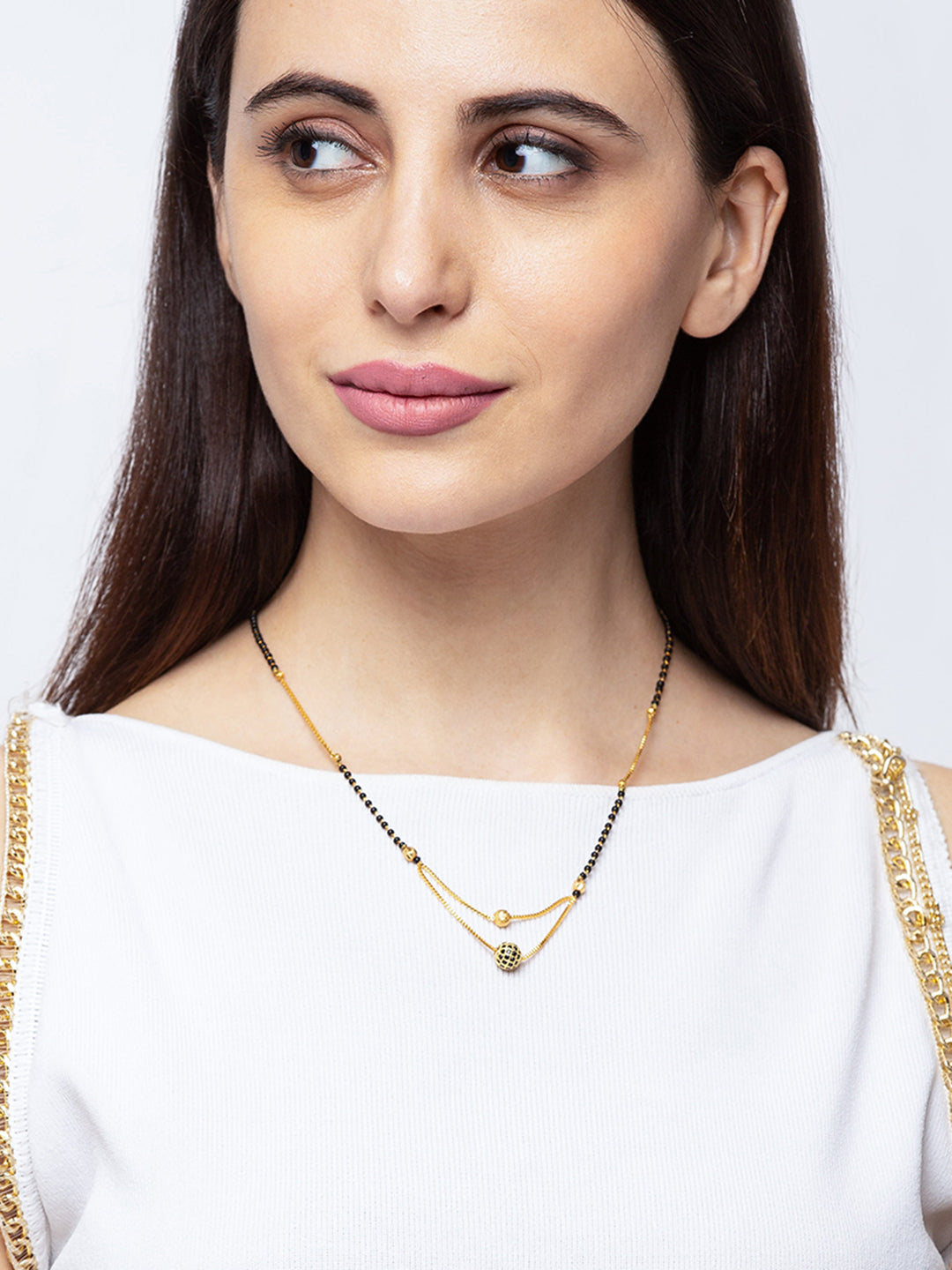Digital Dress Room Short Mangalsutra Designs Gold Plated Latest Double Chain Layer Black Stone Pendant Mangalsutra
