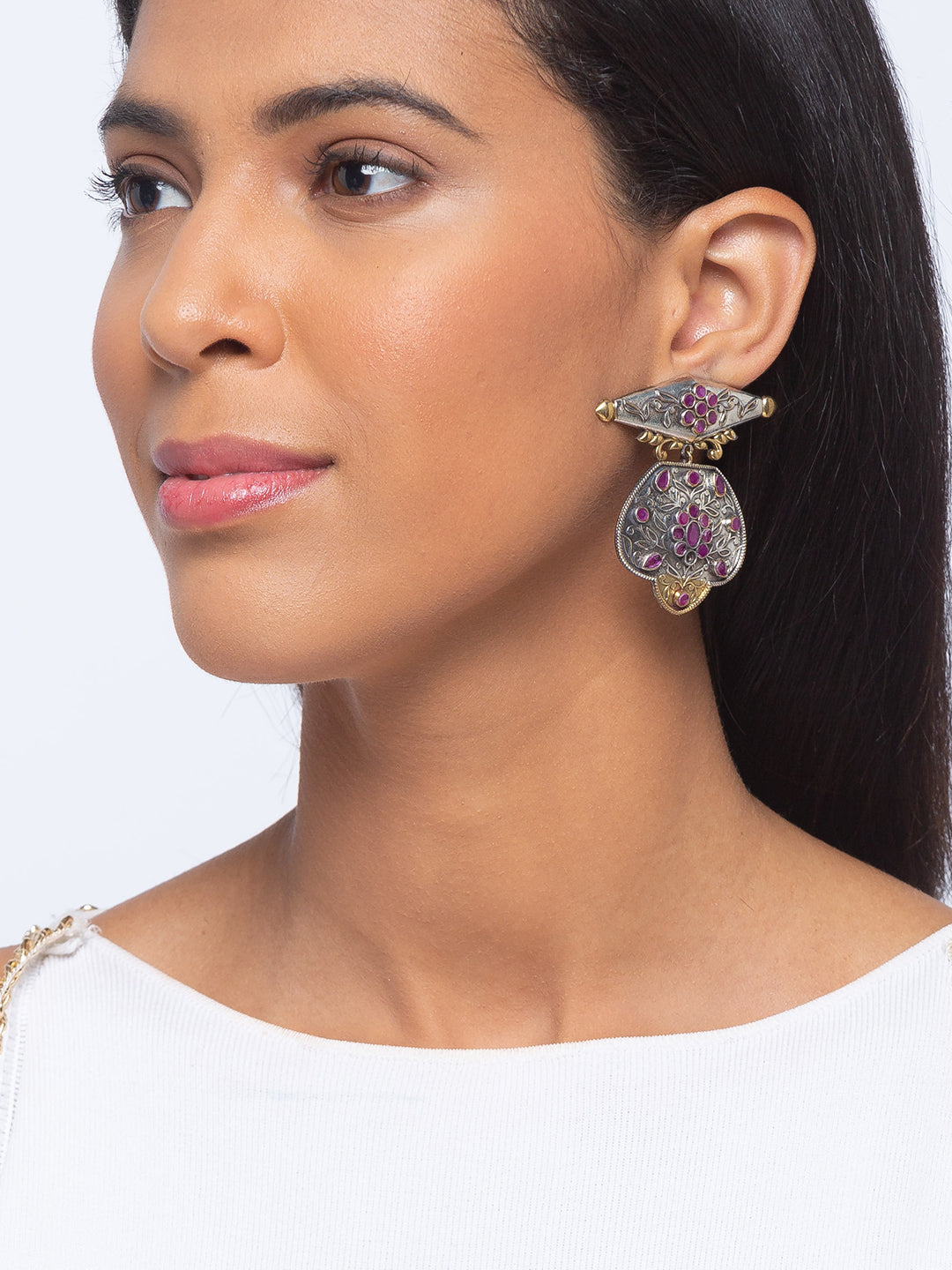 German Oxidized Silver Earrings Antique Tribal Design Engraved Pink Stone Studded Danglers