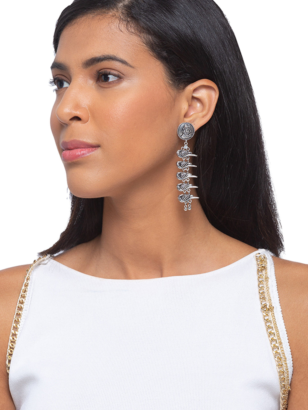 German Oxidized Silver Earrings Tribal Trendy Ganesha/Birds Engraved Lightweight Danglers