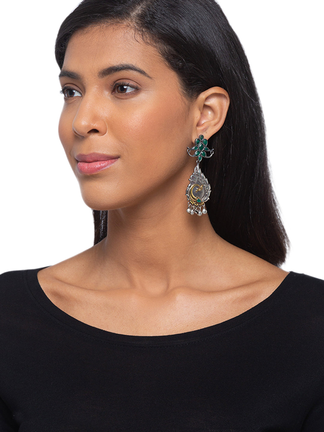 German Oxidized Silver Earrings Tribal Peacock Design Lightweight Stones Studded Danglers