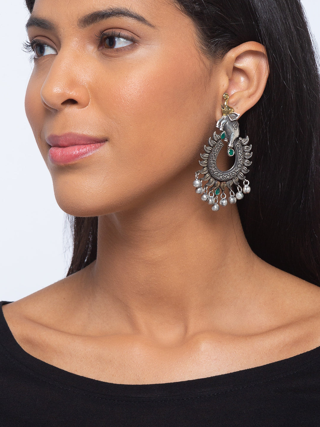 German Oxidized Silver Earrings Antique Tribal Trendy Elephant Engraved Gungroo Danglers