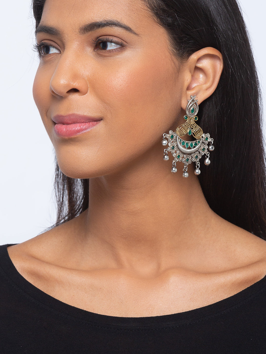 Antique German Silver Oxidized Earrings Tribal Chandbali Stone Studded Gungroo Dangler Jhumkas