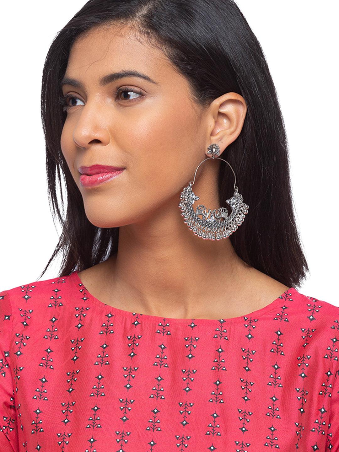 Antique German Silver Oxidized Earrings Peacock Engraved Design Stone Studded Gungroo Danglers