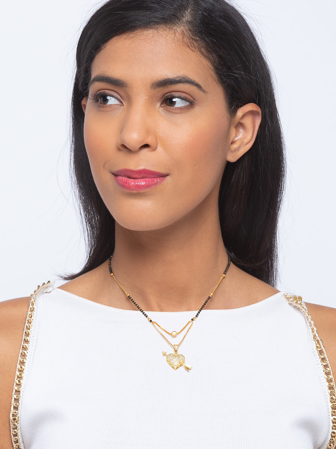 Short Mangalsutra Designs Gold Plated Gift Latest Diamond Heart with Arrow Pendant Cubiz Zirconia Personalized Pendant For Wife Couples (18 Inches)