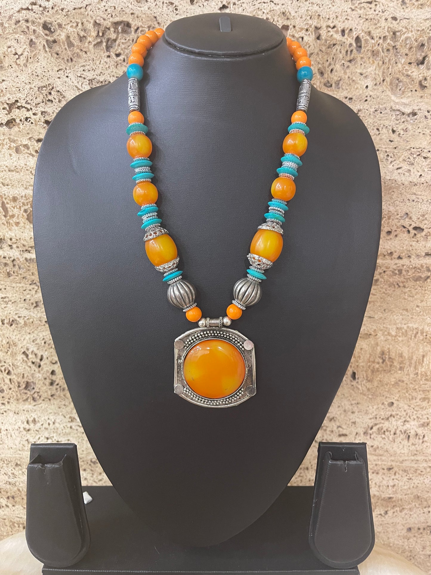 Tibetan Orange & Turcoise Pendent Necklace