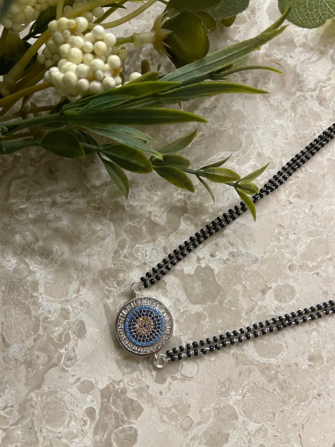 The Evil Eye Necklace Long Silver Mangalsutra Design Brass Silver Plated American Diamond Pendant मंगळसूत्र (25 Inch)