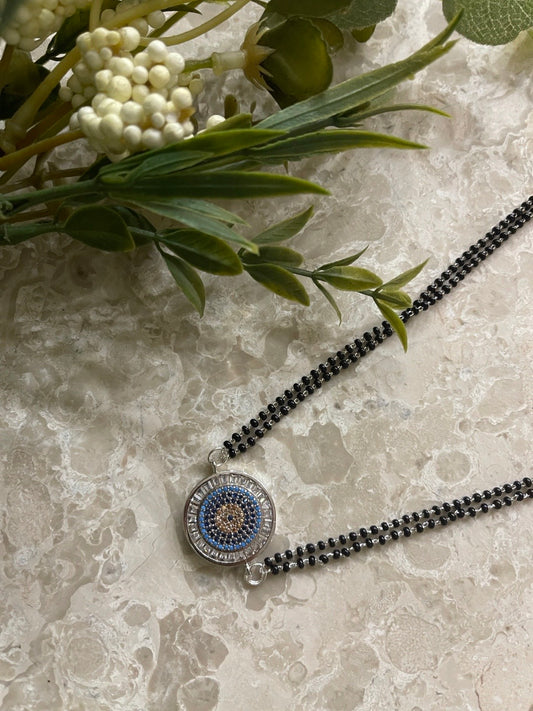 The Evil Eye Necklace Long Silver Mangalsutra Design Brass Silver Plated American Diamond Pendant मंगळसूत्र (25 Inch)
