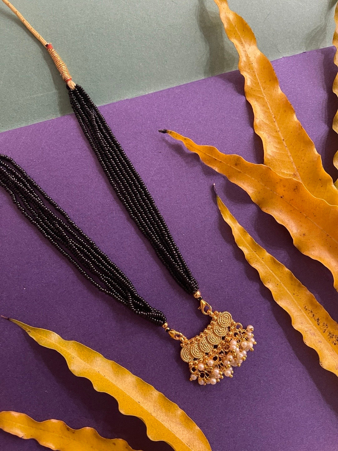 Short Thushi Mangalsutra Designs in Marathi Style 6 Coin Pendant With Pearls Black Beads Chain