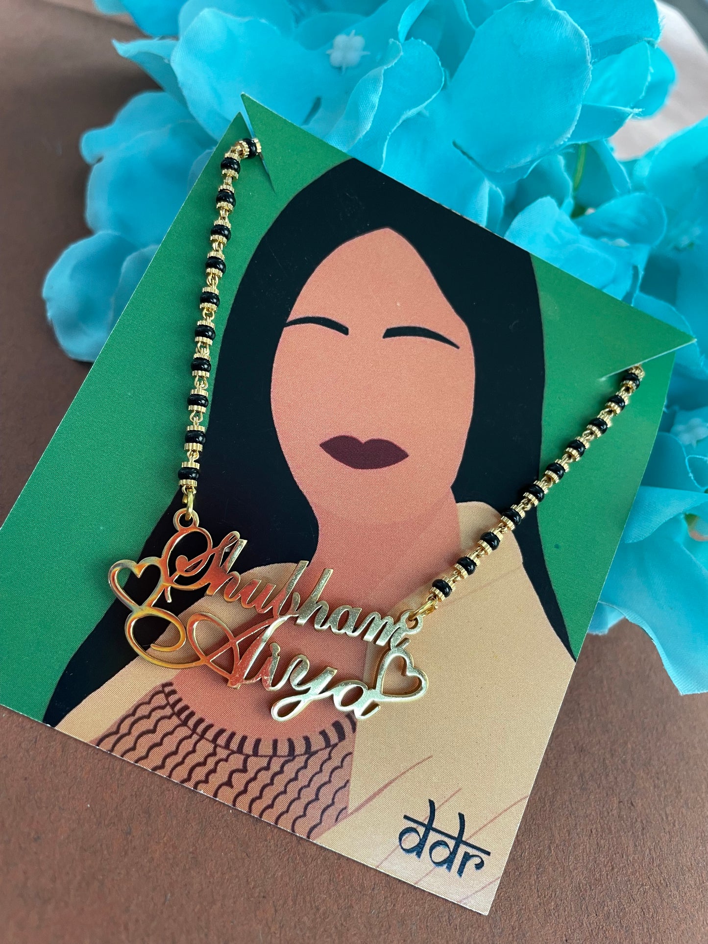 Cursive Name Long Mangalsutra Long Necklace With 2 Personalized Names Mini Hearts & Black Beaded Chain