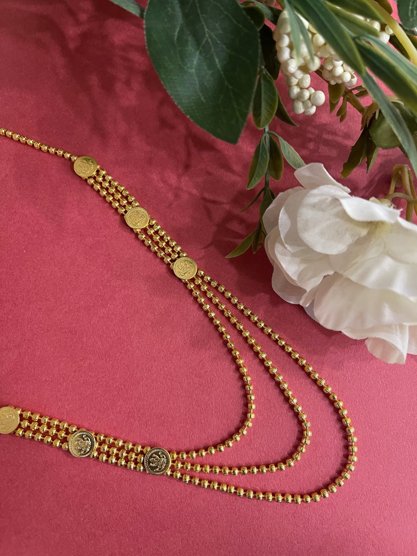 Lakshmi (Laxmi) Coin Golden Beads 3 multi-layered Line Chain Gold Plated Necklace