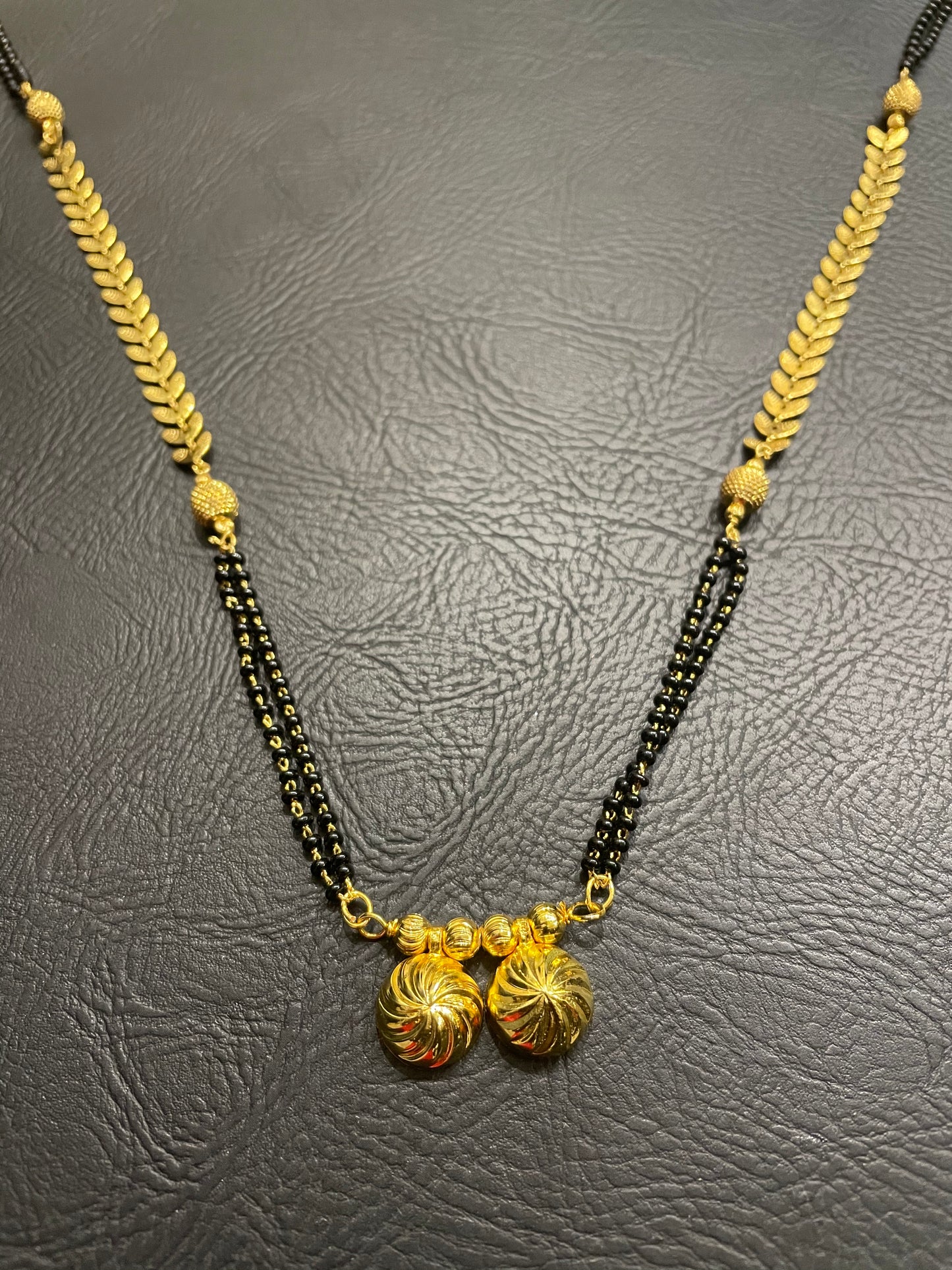 Traditional Gold Plated Long Mangalsutra Vati Pendant with Leafy Design Chain & Miniature Beads (30 Inches)