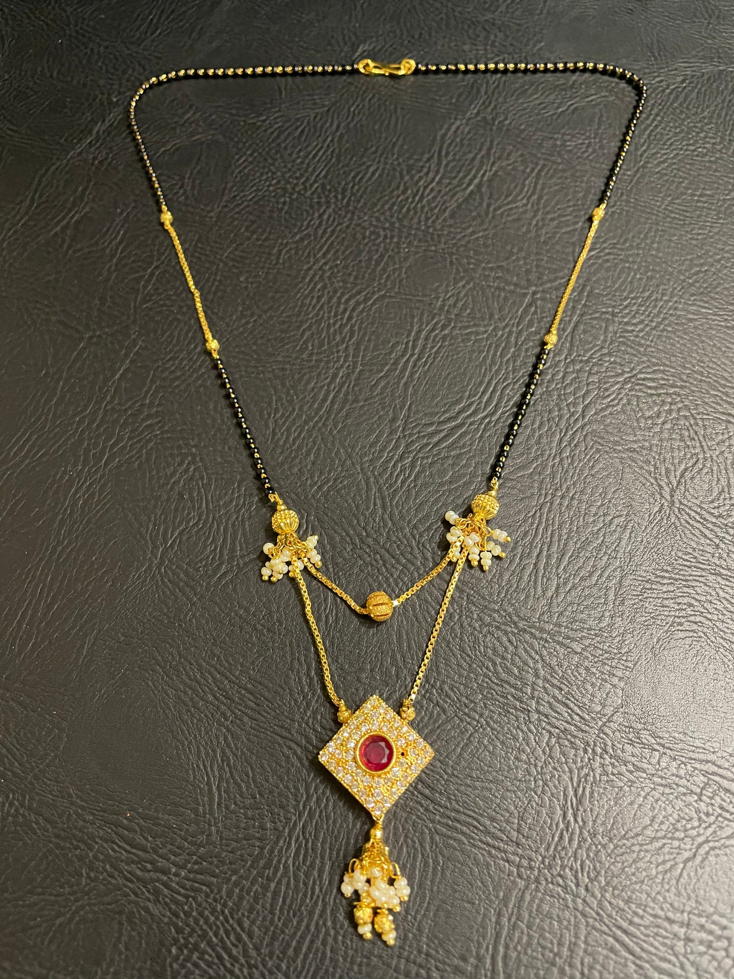 Short Mangalsutra Designs Gold Plated Double Strand Chain CZ Diamond Latkan Pendant (19 Inches)
