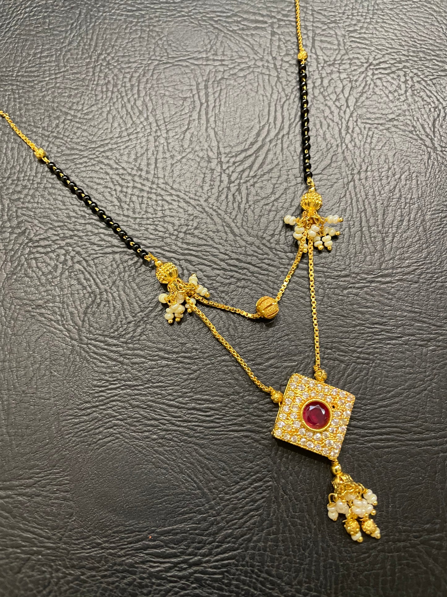 Short Mangalsutra Designs Gold Plated Double Strand Chain CZ Diamond Latkan Pendant (19 Inches)