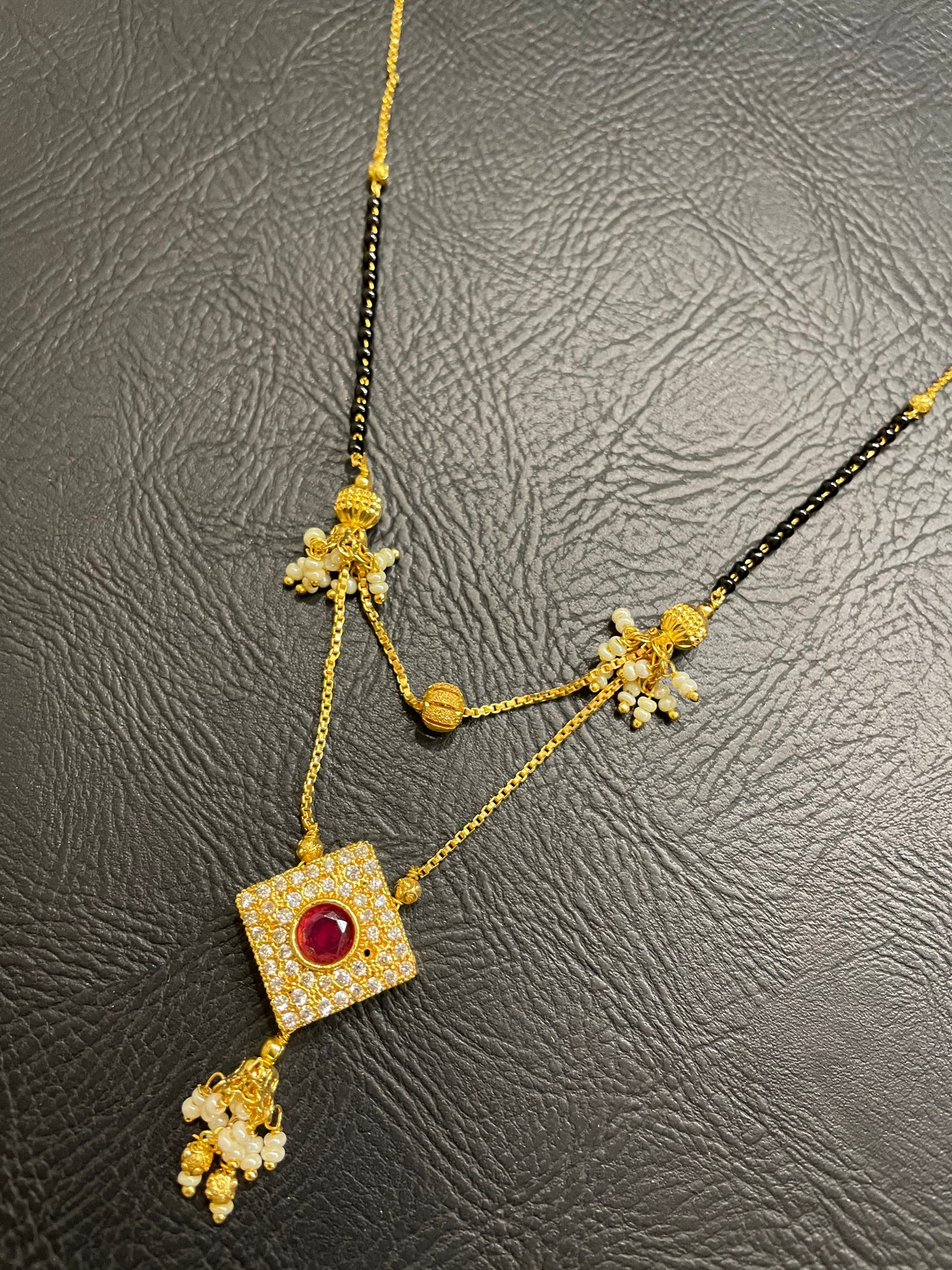 Short Mangalsutra Designs Gold Plated Double Strand Chain CZ Diamond Latkan Pendant (19 Inches)