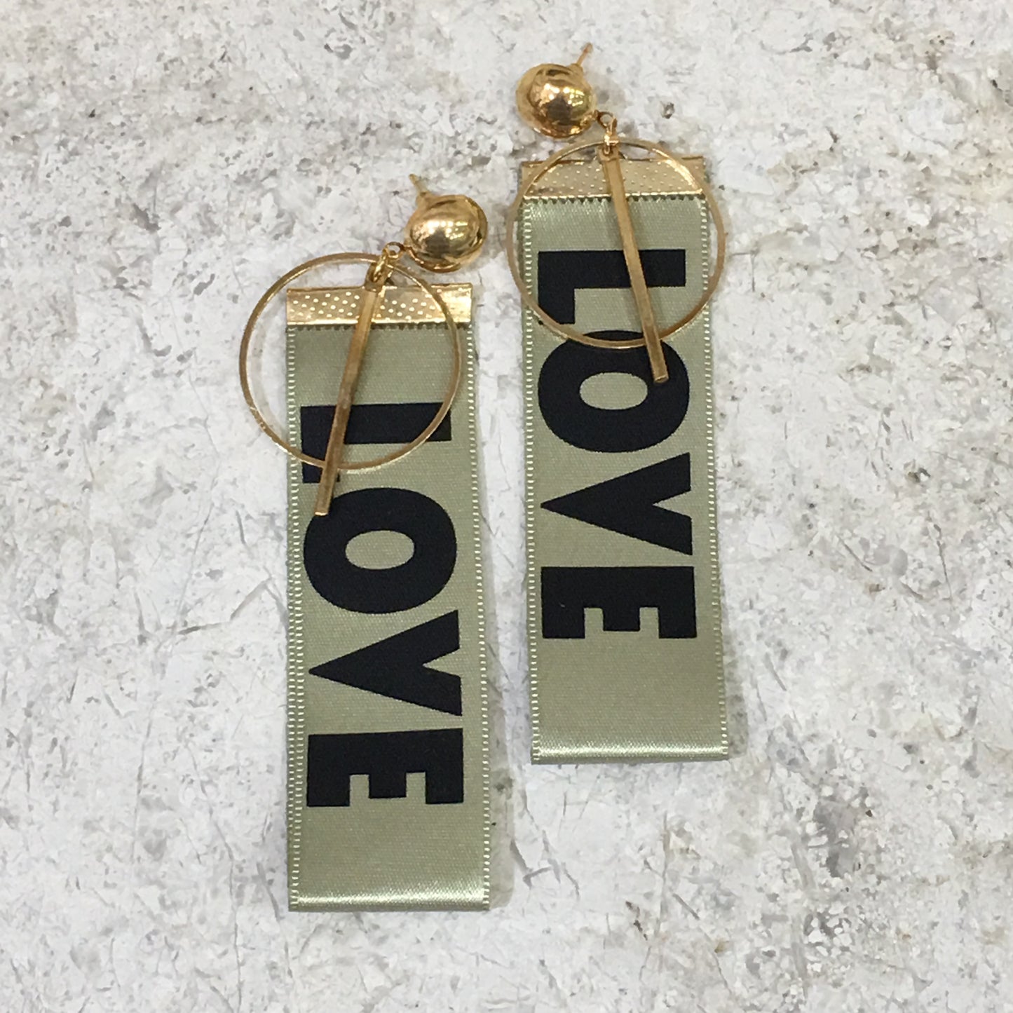 Digital Dress Room Long Drop Gold with Fabric Print LOVE On it Stud Earrings