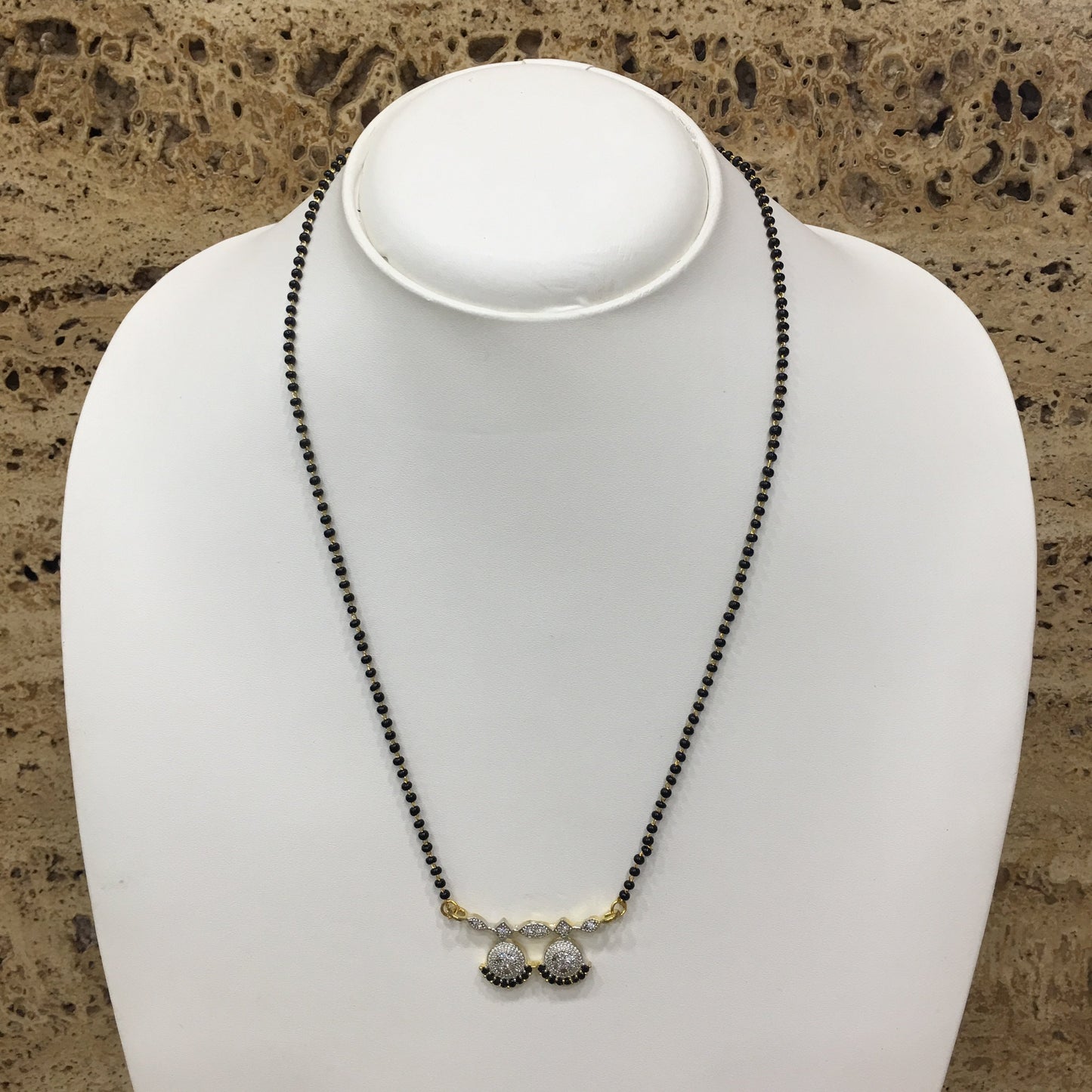 Short Mangalsutra Designs Gold Plated Latest American Diamond 2 Round Vati Pendant Mangalsutra