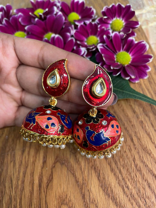 Enamal Meenakai Multi color Jhumki Earrings Kundan Polki White Pearls for Women Girls Costume Fashion Artifical Imitation Jewellery