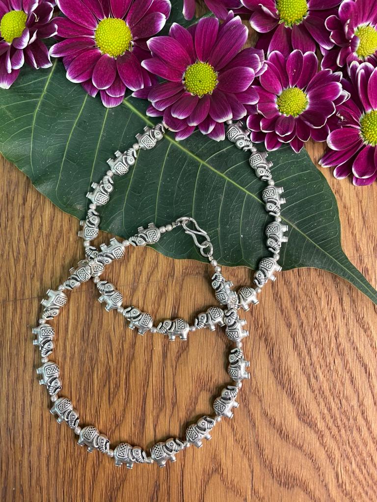 German Oxidised Silver Anklets Elephant Design Payal Silver Plating Paijan with Beads Foot Jewellery