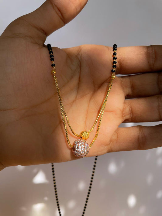 Short Mangalsutra Designs Gold Plated Rose Gold American Diamond Pendant Layered Mangalsutra (21 Inches)