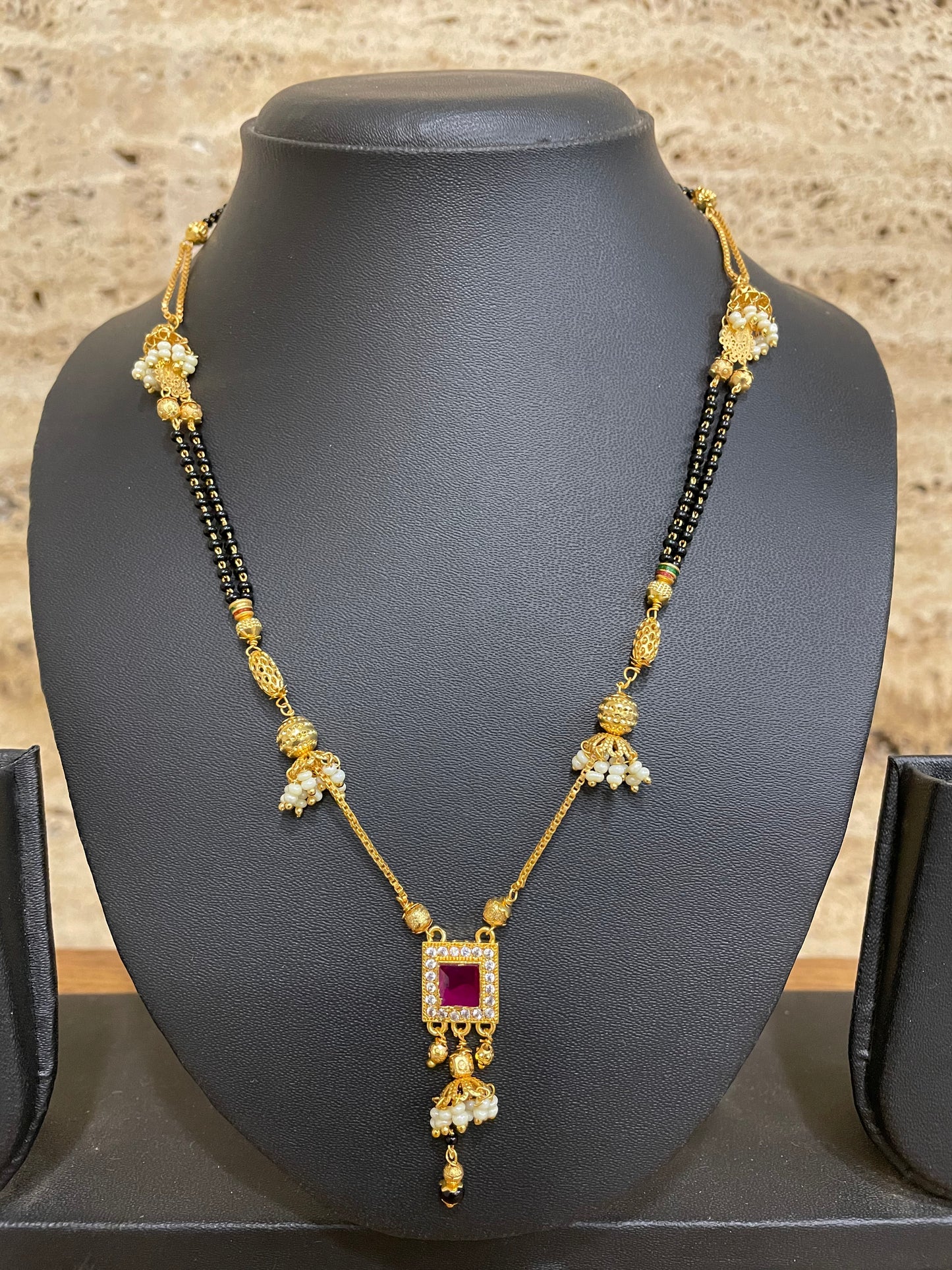 Short Mangalsutra Designs Gold Plated Tanmaniya मंगळसूत्र Black Beads Chain Red Stone Square Pendant (21 Inches)