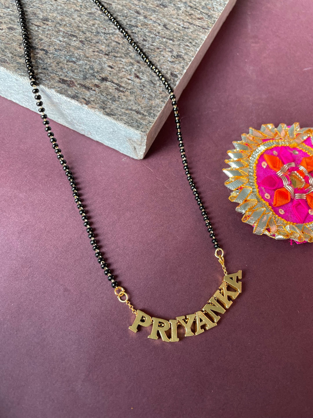 Gold Name Mangalsutra With Traditional Black Beads Chain | Short Mangalsutra