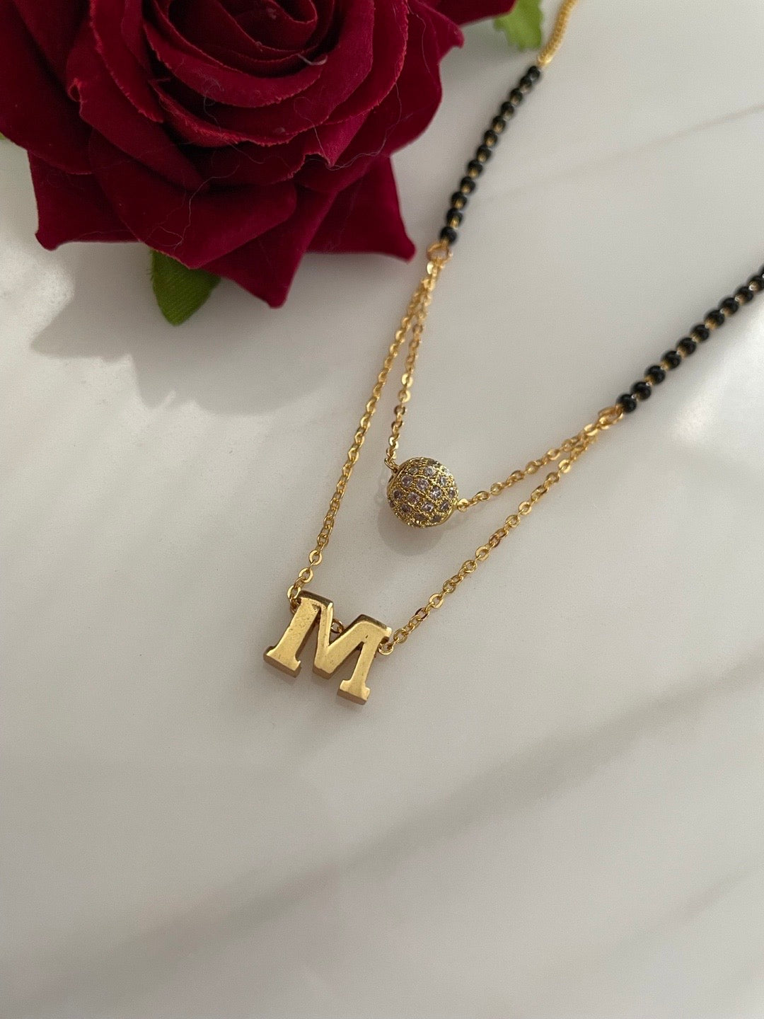 A-Z Letter Mangalsutra American Diamond Ball Pendant Short Mangalsutra Name Mangalsutras