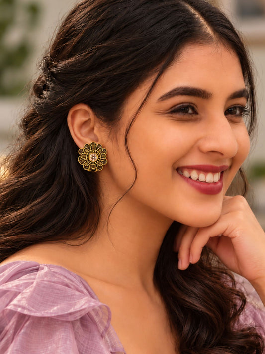 Elegant Golden Tone Floral Stud Earrings for Women
