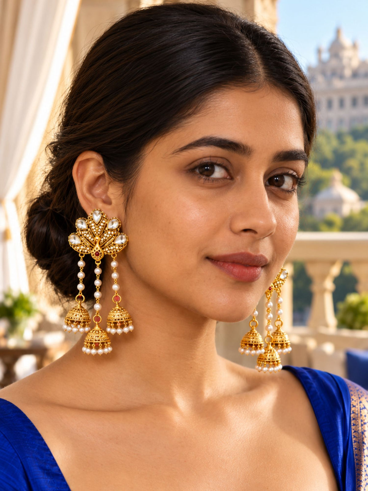 Gold Tone Peacock Jhumka Earrings with Pearl Drops