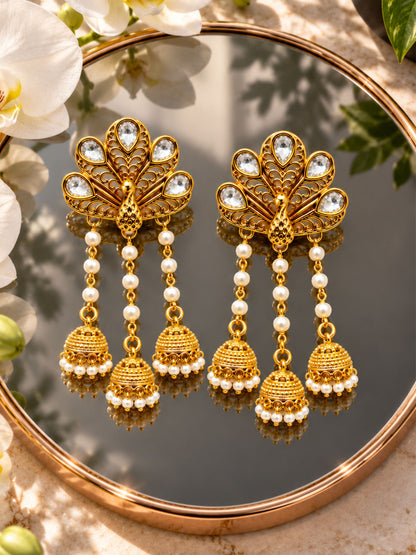 Gold Tone Peacock Jhumka Earrings with Pearl Drops