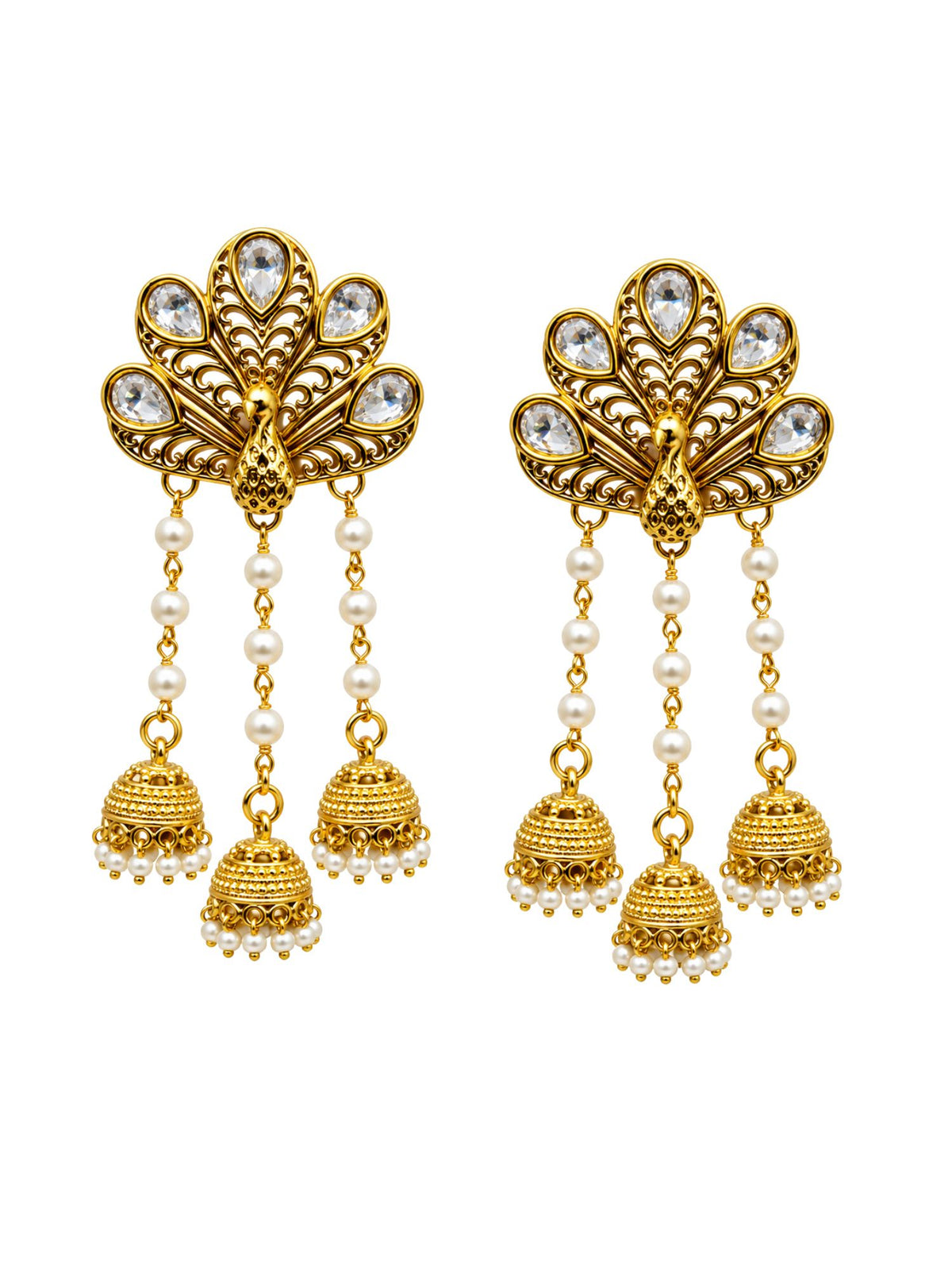 Gold Tone Peacock Jhumka Earrings with Pearl Drops