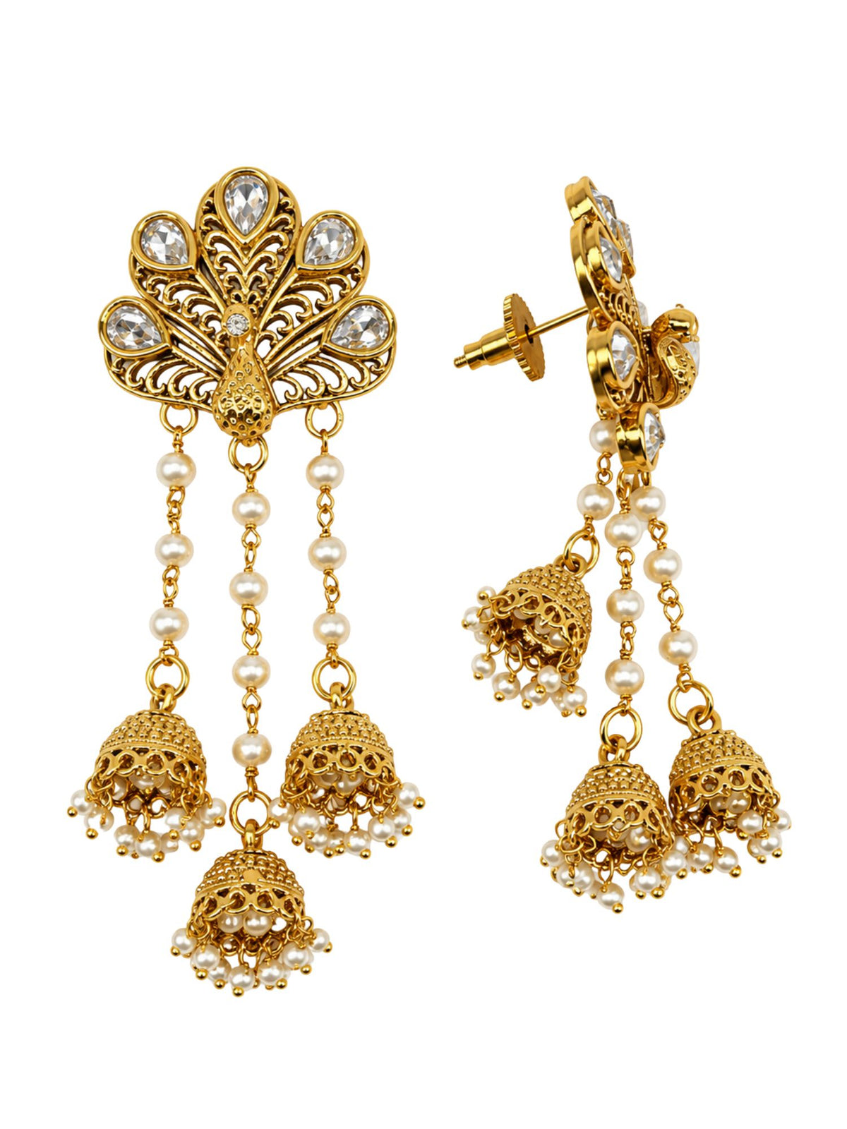 Gold Tone Peacock Jhumka Earrings with Pearl Drops