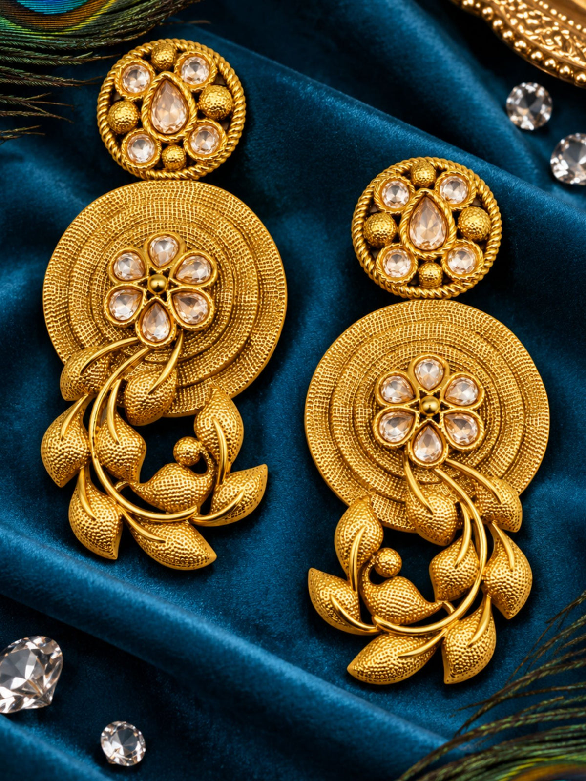 Gold Tone Floral Dangle Earrings with Clear Stones