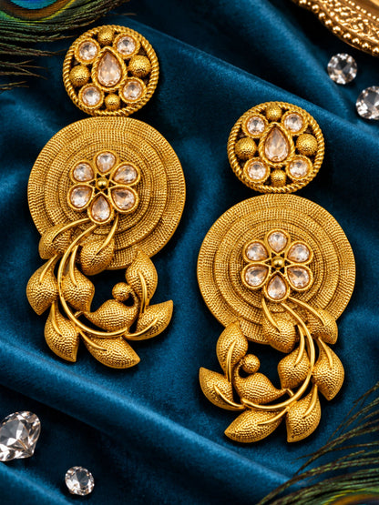 Gold Tone Floral Dangle Earrings with Clear Stones