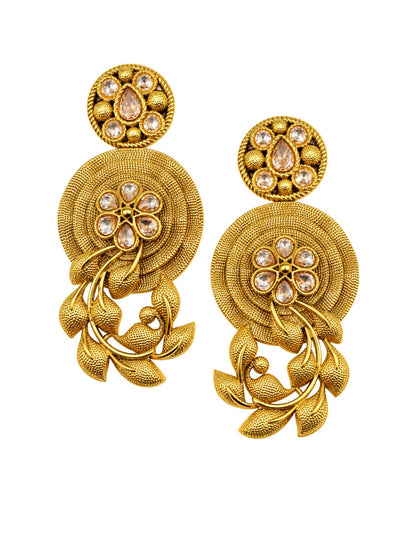 Gold Tone Floral Dangle Earrings with Clear Stones