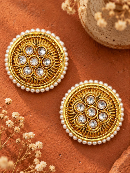 Gold Tone Round Stud Earrings with Pearl Bead Trim