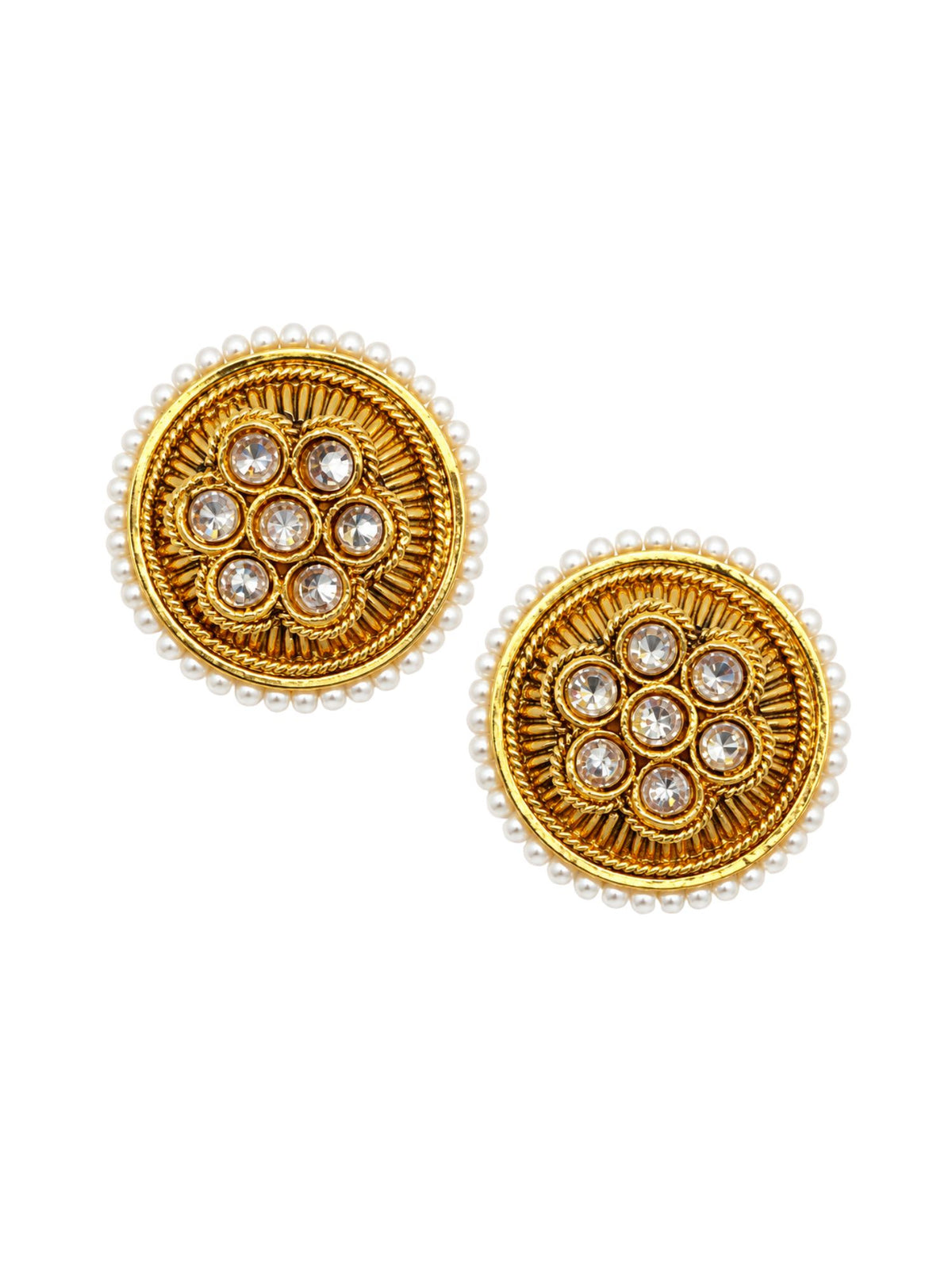 Gold Tone Round Stud Earrings with Pearl Bead Trim