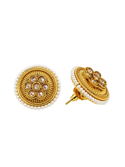 Gold Tone Round Stud Earrings with Pearl Bead Trim