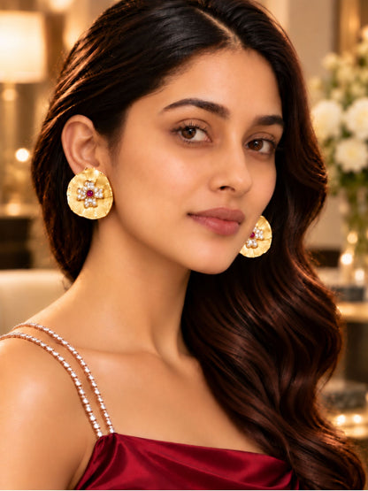 Gold Tone Floral Earrings with Purple White Stones