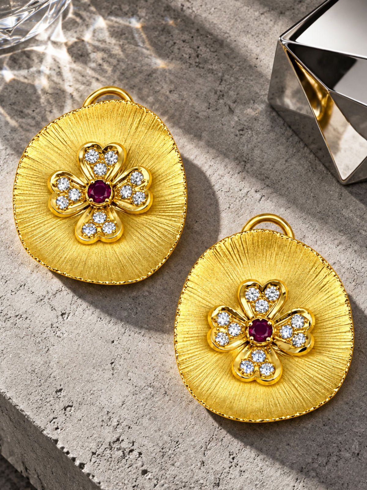 Gold Tone Floral Earrings with Purple White Stones