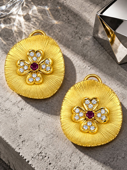 Gold Tone Floral Earrings with Purple White Stones