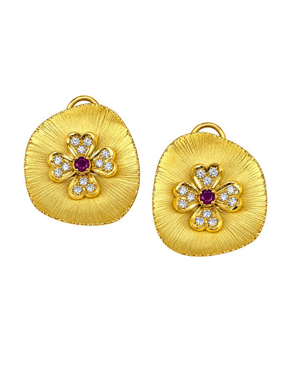 Gold Tone Floral Earrings with Purple White Stones