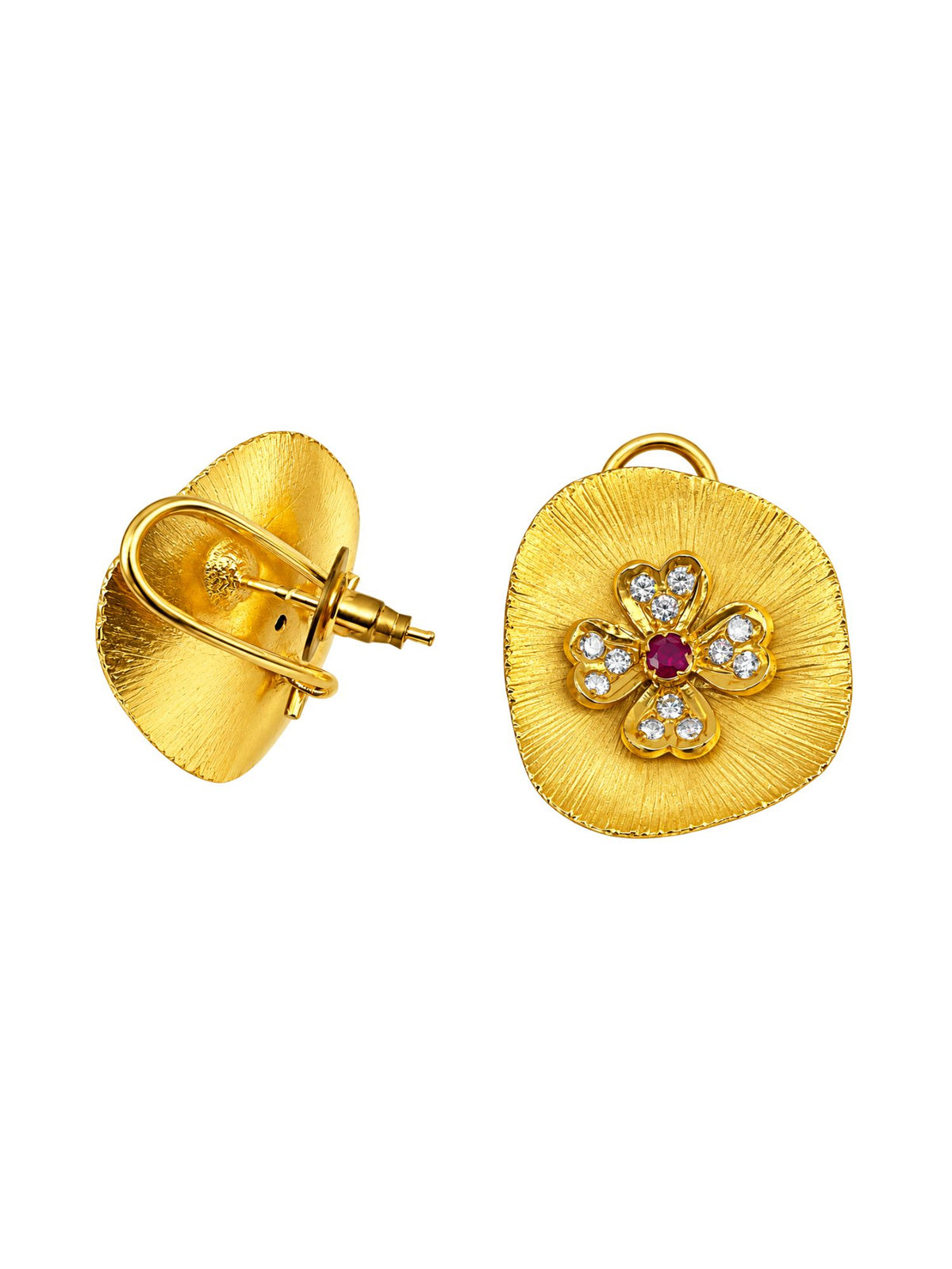 Gold Tone Floral Earrings with Purple White Stones
