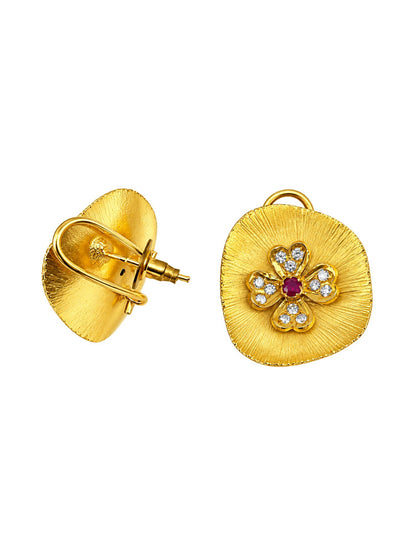 Gold Tone Floral Earrings with Purple White Stones