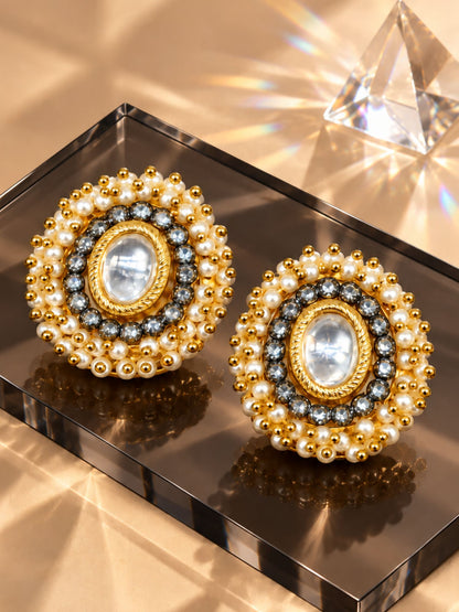 Gold Tone Oval Kundan Style Pearl Stud Earring Set