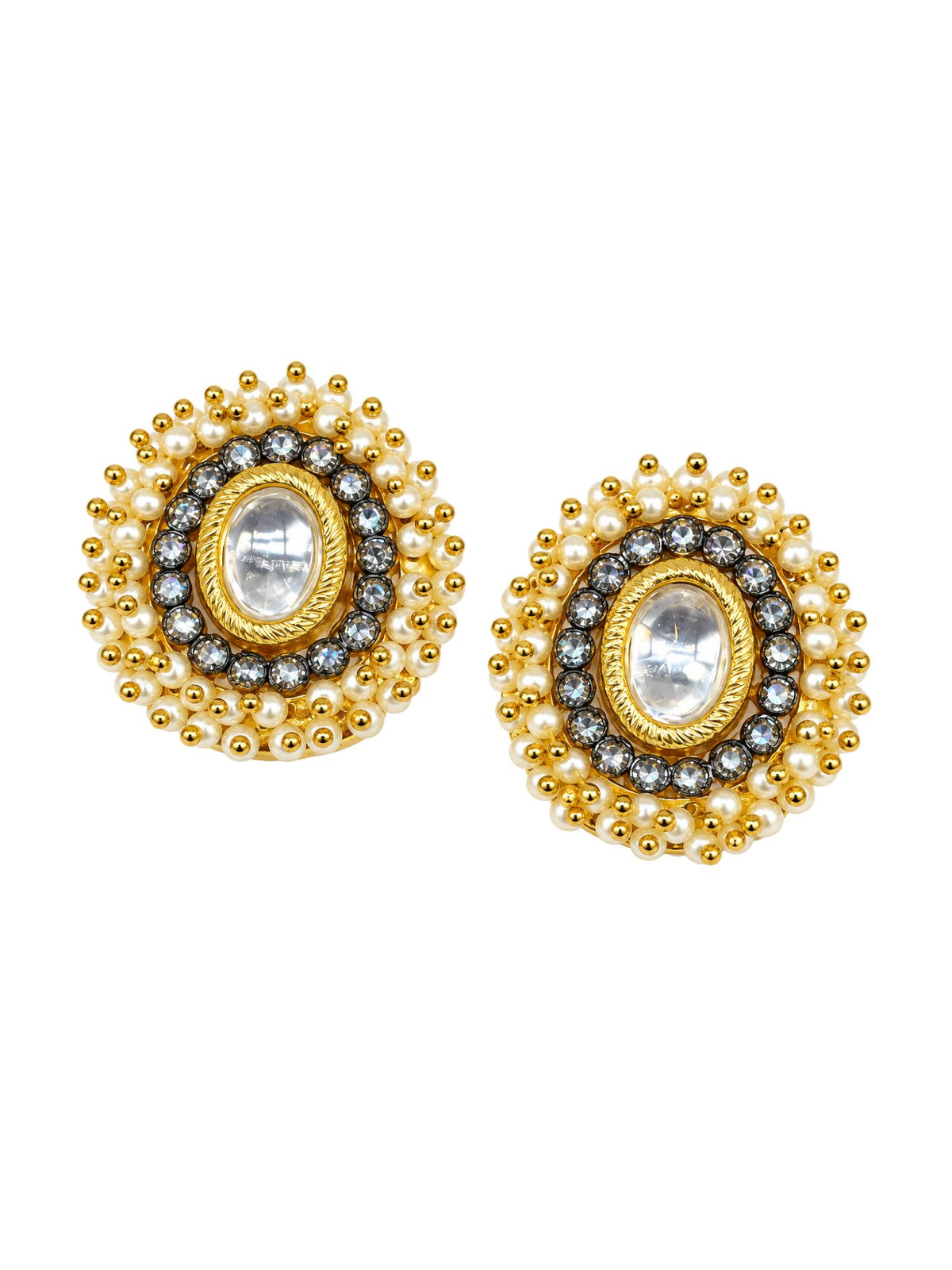 Gold Tone Oval Kundan Style Pearl Stud Earring Set