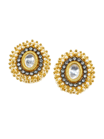 Gold Tone Oval Kundan Style Pearl Stud Earring Set