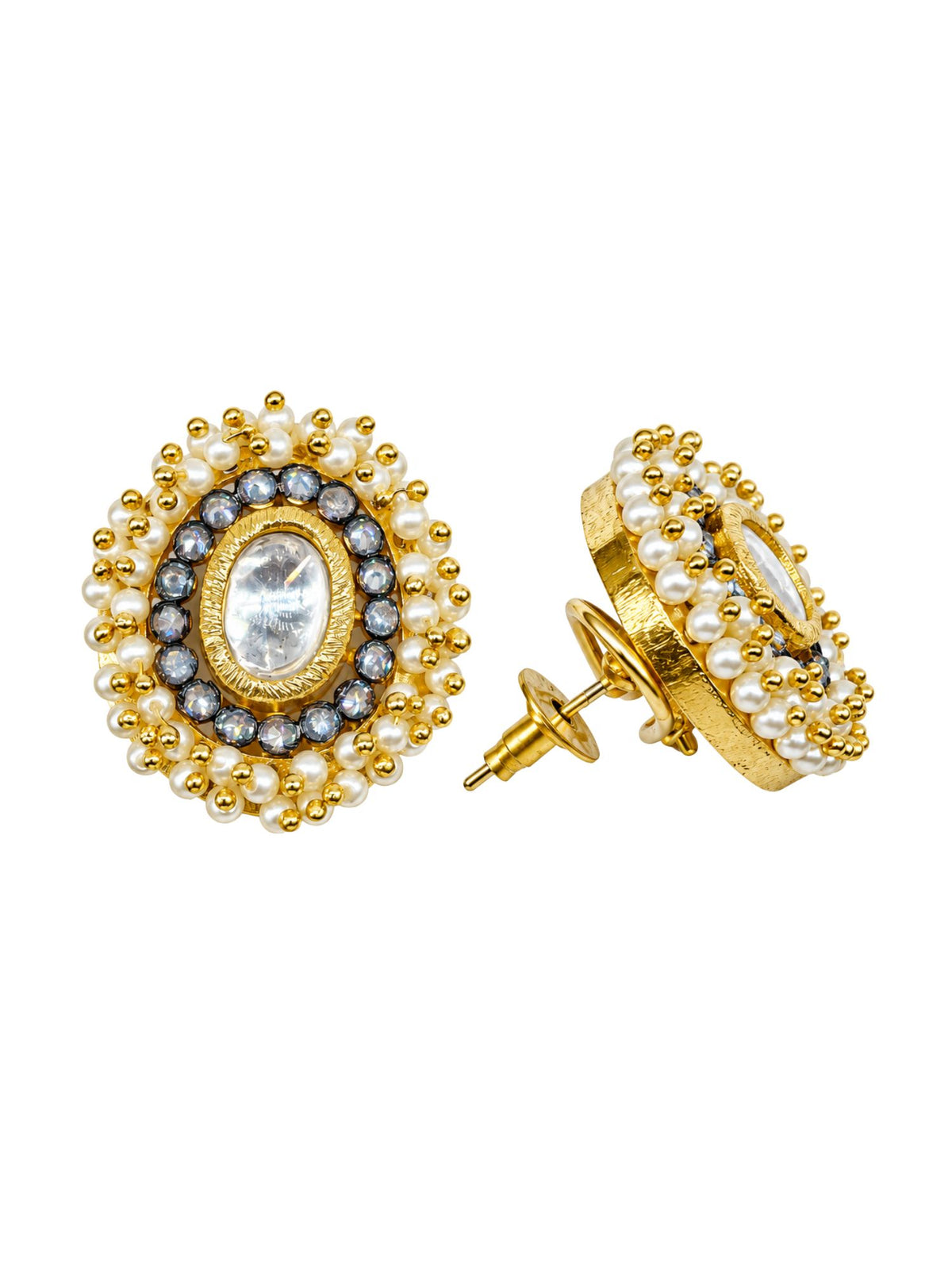 Gold Tone Oval Kundan Style Pearl Stud Earring Set