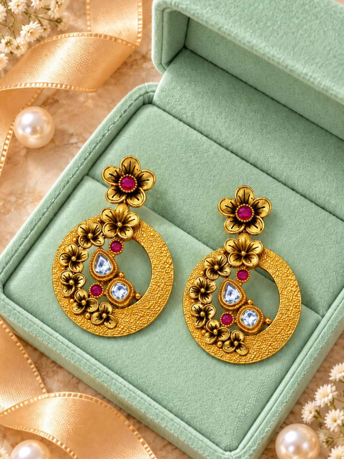Gold Tone Floral Drop Earrings with Pink Stonework