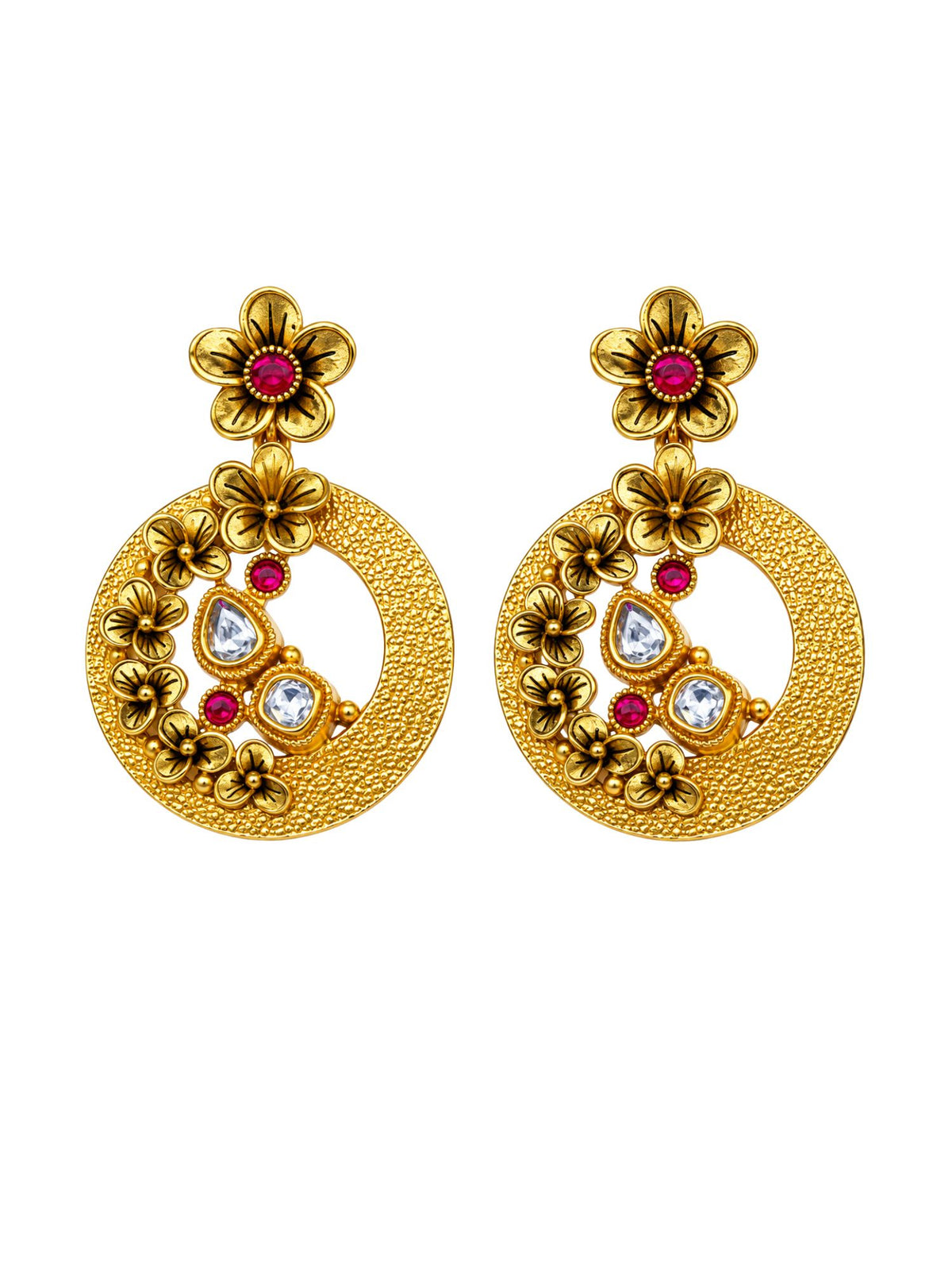 Gold Tone Floral Drop Earrings with Pink Stonework