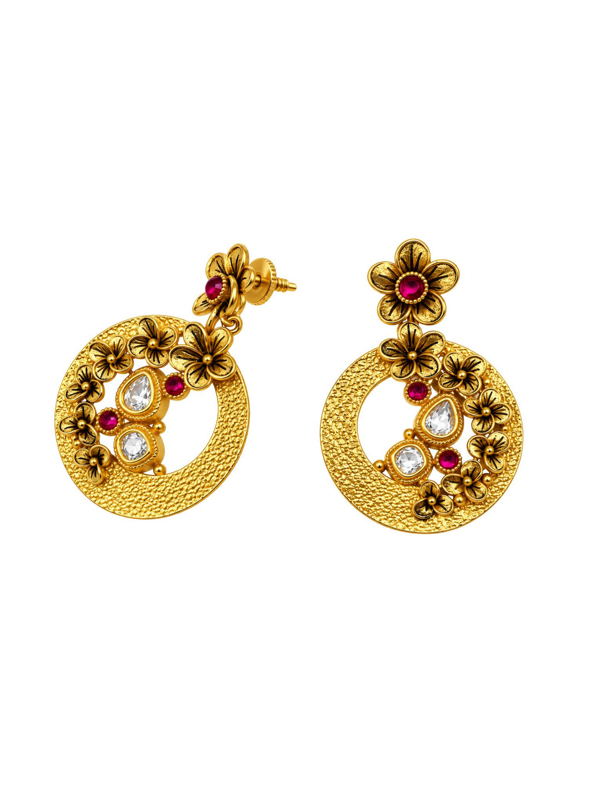 Gold Tone Floral Drop Earrings with Pink Stonework